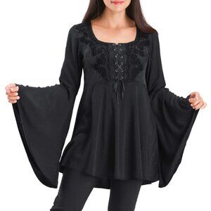 Holyclothing Rhiannon goth black embroidered bell sleeve tie  tunic top